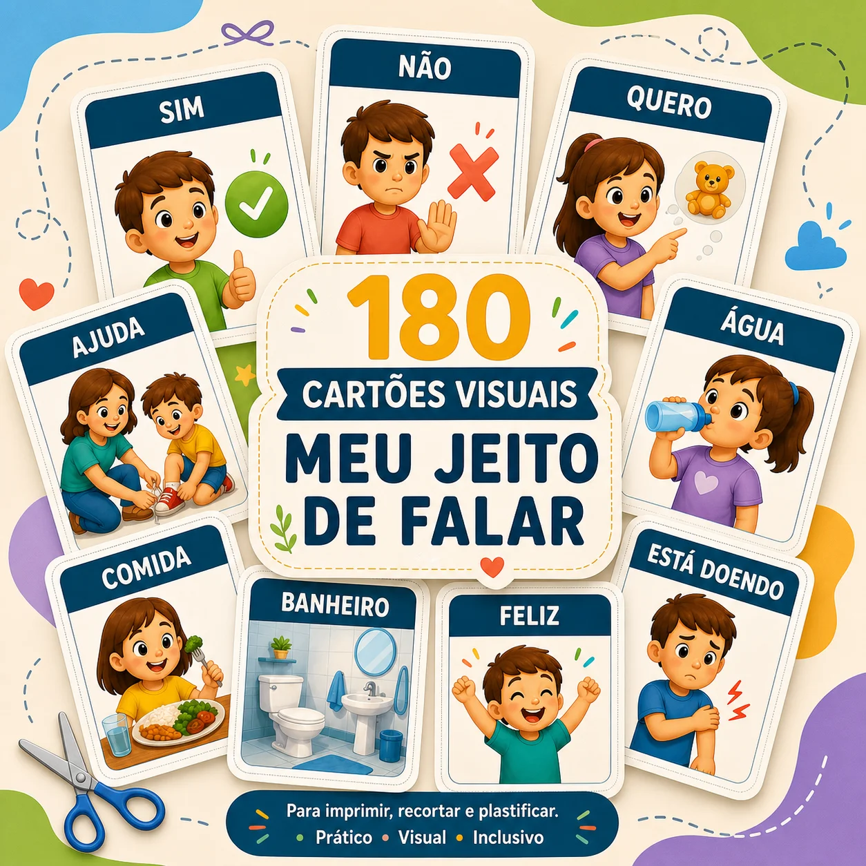 Flashcards visuais organizados por categorias como ajuda, comida, banheiro, sentimentos e dor.